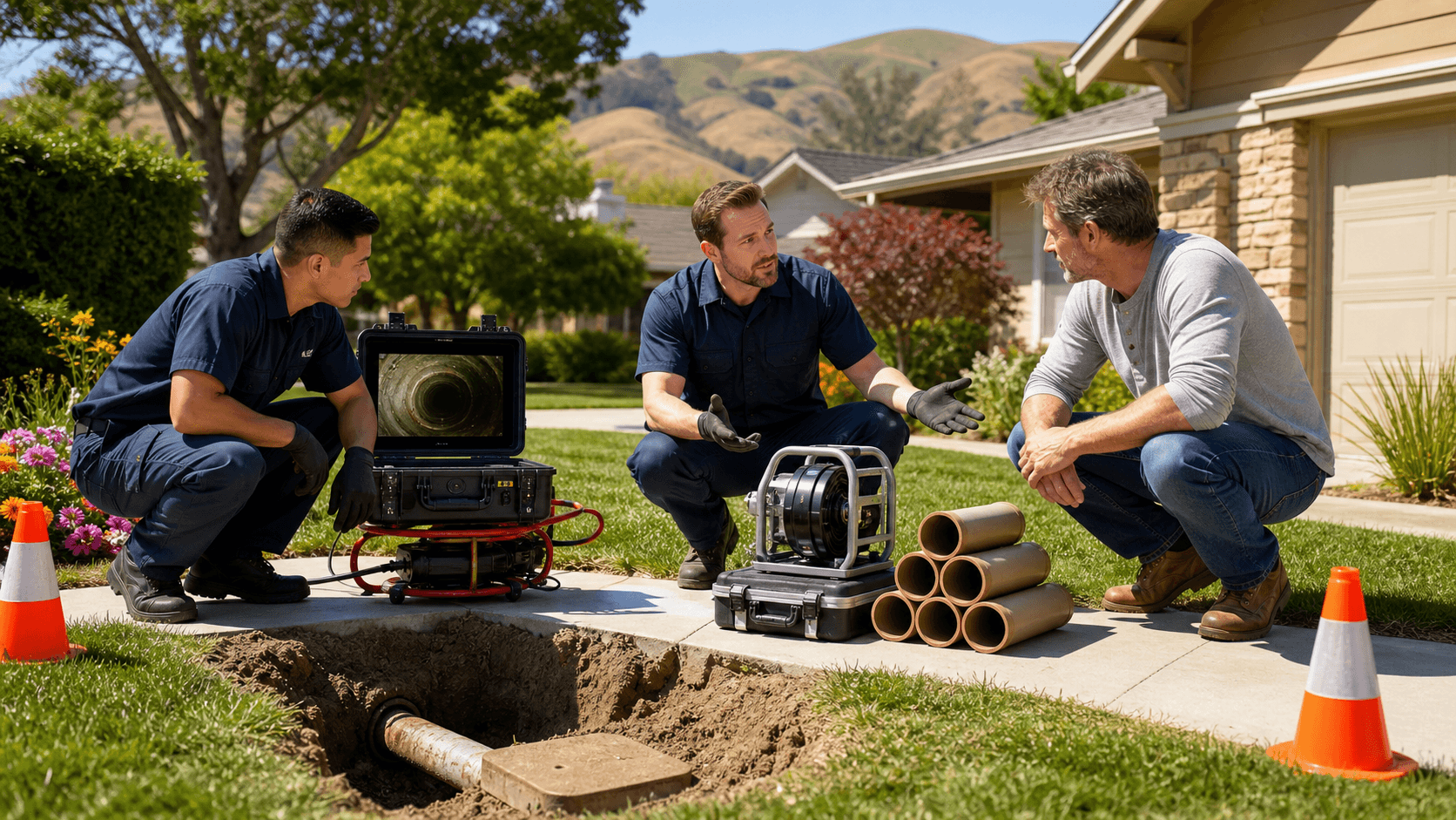 Split-view illustration of cracked underground sewer pipe and a newly replaced pipe beneath a suburban yard.