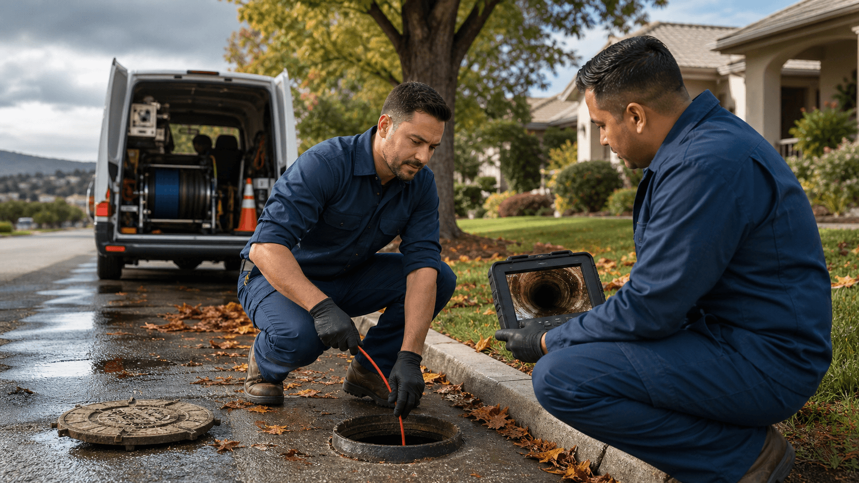 Technician views a sewer pipe interior on a monitor beside coiled inspection camera cables.
